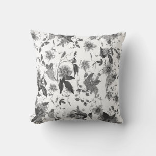 Elegant Vintage Grey White Passion Flowers Cushion