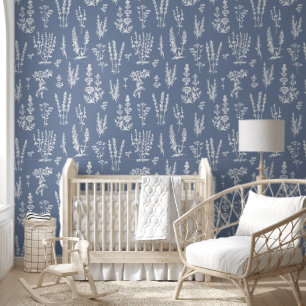 Elegant Vintage Herbal Garden Calm Soft Blue Wallpaper