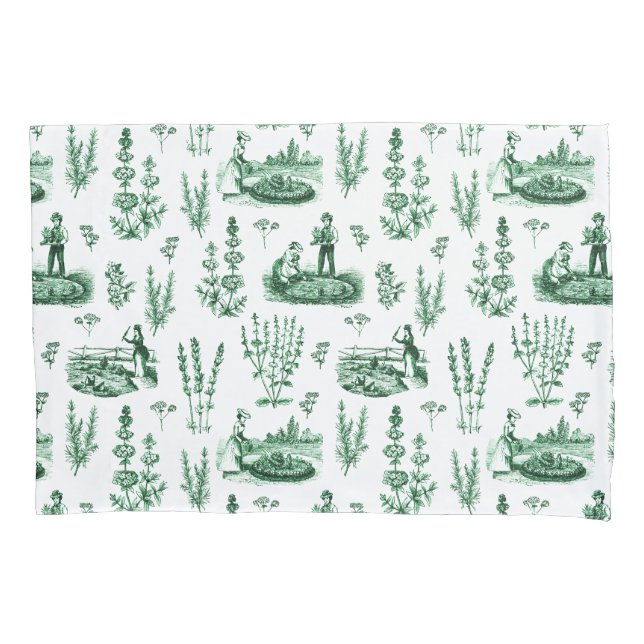 Elegant Vintage Herbal Garden Sage Green Toile Pillowcase (Front-Left)