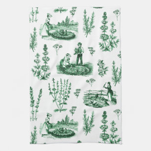 Elegant Vintage Herbal Garden Sage Green Toile Tea Towel