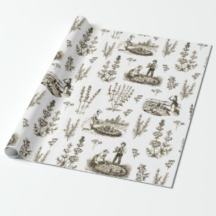 Elegant Vintage Herbal Garden Sepia Brown Toile Wrapping Paper