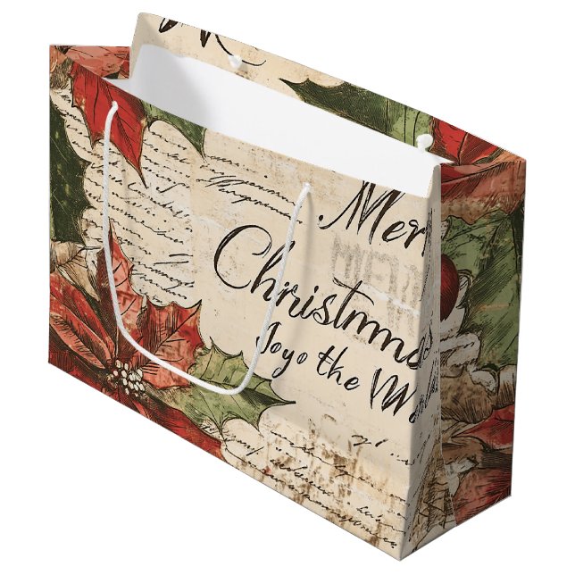 Elegant Vintage Holly Christmas Pattern Large Gift Bag (Front Angled)