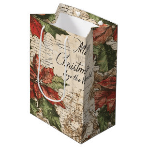 Elegant Vintage Holly Christmas Pattern Medium Gift Bag