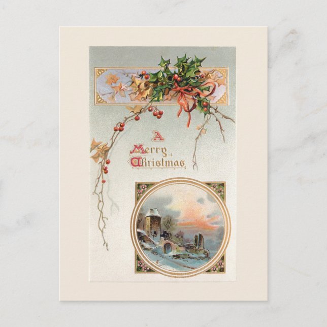 Elegant Vintage Holly, Rustic Scene & Greeting Postcard (Front)