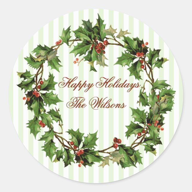 Elegant Vintage Holly Wreath Christmas Sticker (Front)