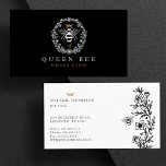 Elegant Vintage Honey Queen Bee Black & White Business Card<br><div class="desc">Elegant vintage style honey-themed business card design. The design features our own original hand-drawn vintage-style queen honey bee with an elegant golden crown above the queen bee. A beautiful rustic vintage style floral wreath frames the queen bee illustration A black background contrast beautifully with the queen bee illustration design. Customised...</div>