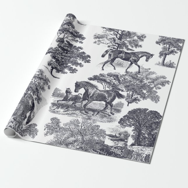 Elegant Vintage Horses French Blue Toile Seamless Wrapping Paper (Unrolled)