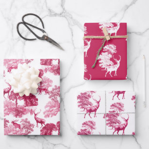 Elegant Vintage Hot Pink Toile Deer Woodland Wrapping Paper Sheet