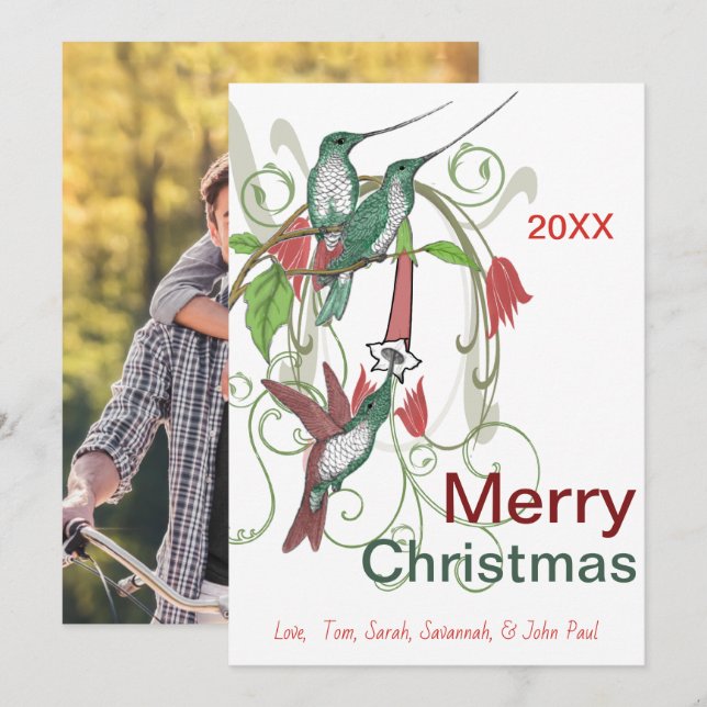 Elegant Vintage Hummingbird Merry Christmas Holiday Card (Front/Back)