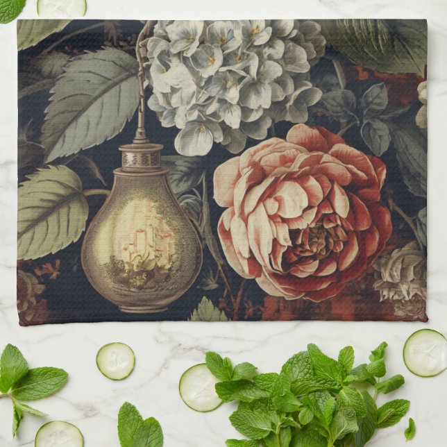 Elegant vintage Hydrangea Floral Pattern  Tea Towel (Folded)