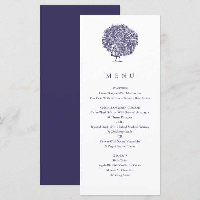 Elegant Vintage Illustration Blue Peacock Wedding Menu (Front/Back)