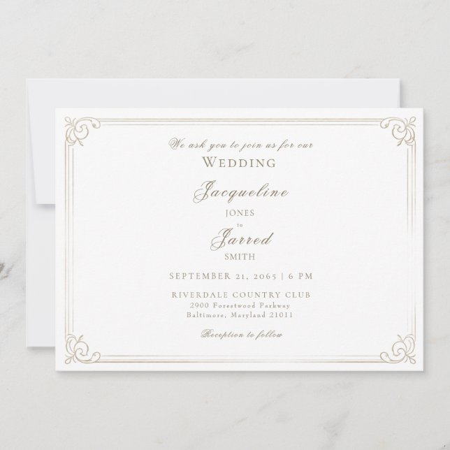 Elegant Vintage Ivory Gold Frame Wedding  Invitation (Front)