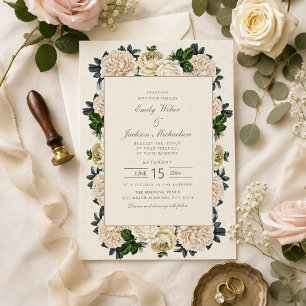 Elegant Vintage Ivory White Cream Floral Wedding Invitation