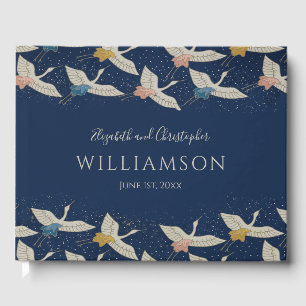 Elegant Vintage Japanese Cranes Blue Wedding Guest Book