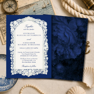 Elegant Vintage Lace Old Money Navy Blue Wedding Invitation