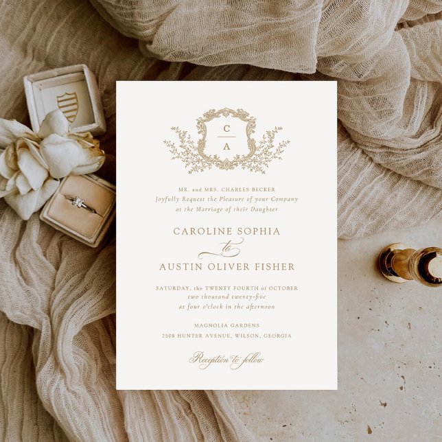 Elegant Vintage Leafy Crest Wedding Monogram Invitation (Creator Uploaded)