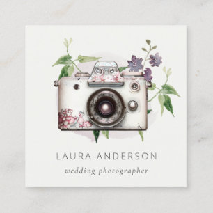 Elegant Vintage Leafy Floral Camera Photography  Square Business Card