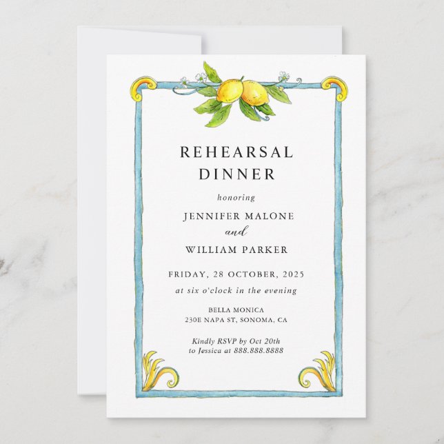 Elegant Vintage Lemon Rehearsal Dinner Invitation (Front)