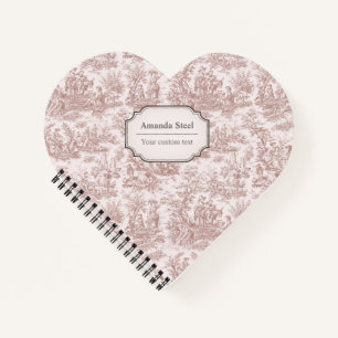 Elegant vintage light brown toile de jouy heart notebook