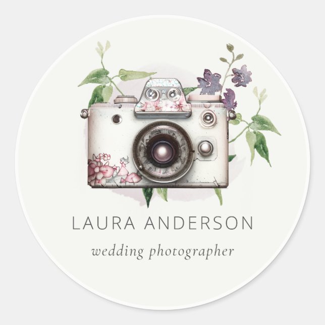 Elegant Vintage Lilac Floral Camera Photography  Classic Round Sticker (Front)