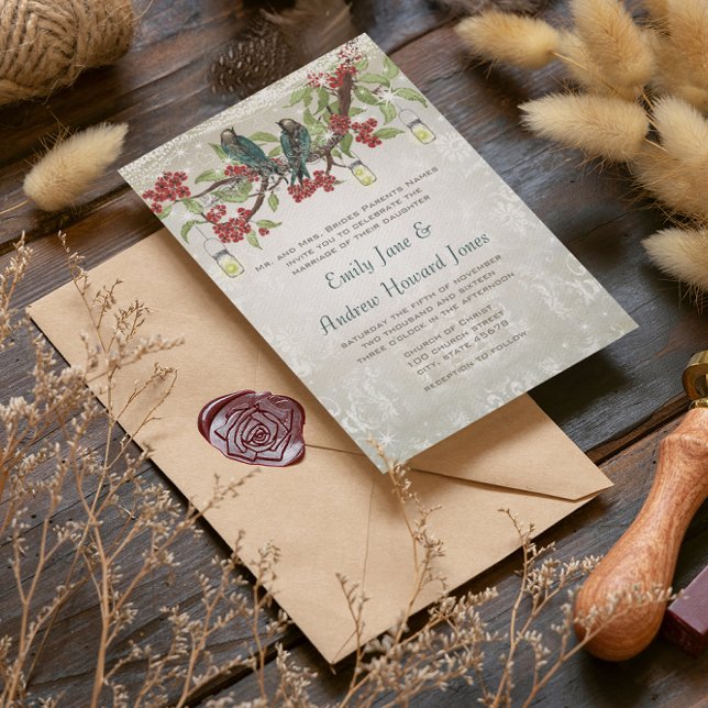 Elegant Vintage Lovebird Red Silver Wedding Invitation (Creator Uploaded)