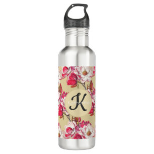 Elegant Vintage Magnolia Pink Flower Beige Name 710 Ml Water Bottle