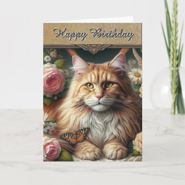 Elegant Vintage Maine Coon Cat Card (Front)