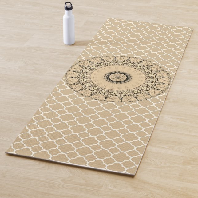 Elegant  Vintage Mandala on Tan Quatrefoil  Yoga Mat (In Situ)