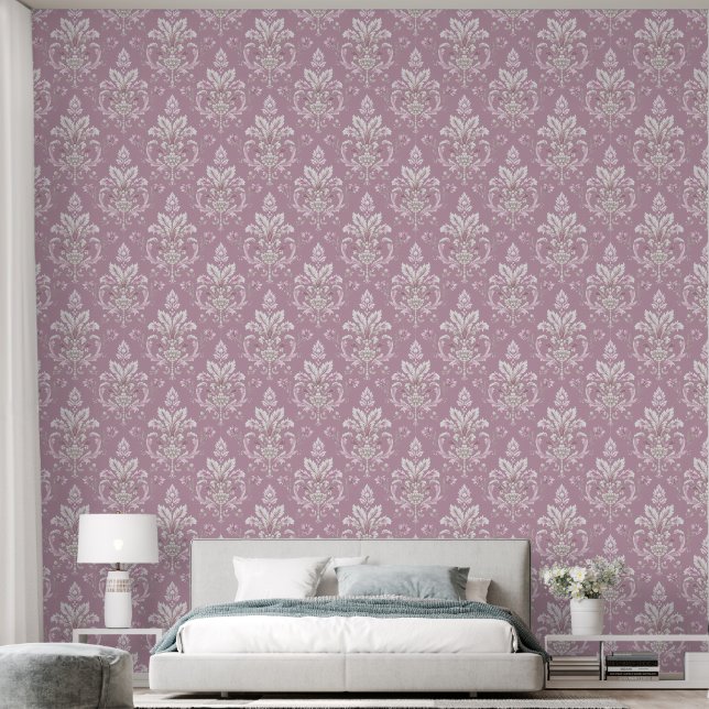 Elegant Vintage Mauve and Cream Damask Wallpaper (Bedroom)