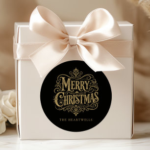 Elegant Vintage Merry Christmas Black Gold Classic Round Sticker