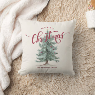 Elegant Vintage Merry Christmas Script Rustic Tree Cushion