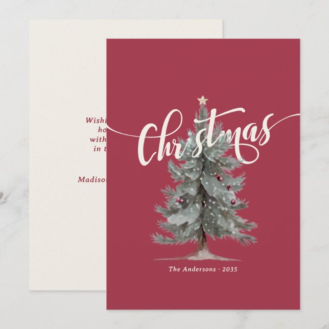 Elegant Vintage Merry Christmas Script Rustic Tree Holiday Card (Front/Back)