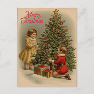 Elegant Vintage Merry Christmas Tree with Presents Postcard