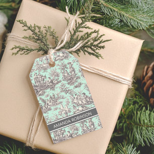 Elegant vintage mint grey toile de jouy gift tags