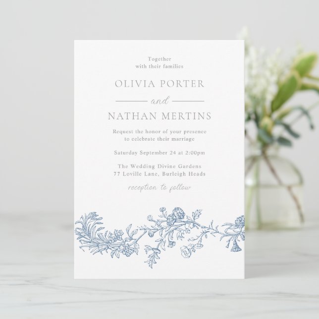 Elegant Vintage Modern Blue Floral Wedding Invitation (Standing Front)
