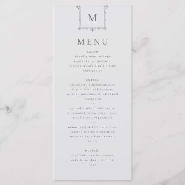 Elegant Vintage Monogram Black and White Wedding Menu (Front)