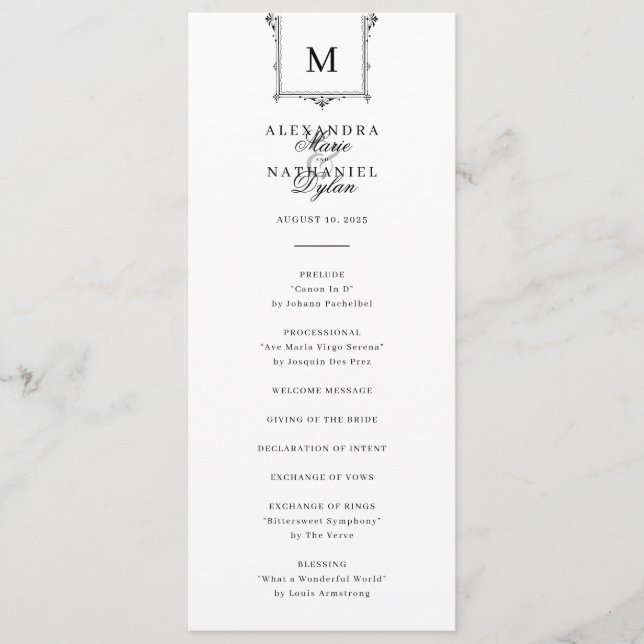 Elegant Vintage Monogram Black and White Wedding Programme (Front)