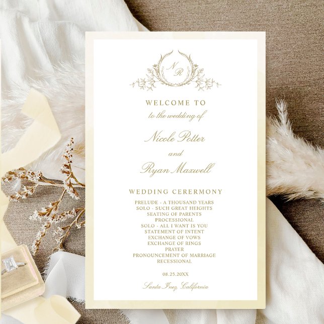 Elegant Vintage Monogram Champagne Wedding Program (Creator Uploaded)
