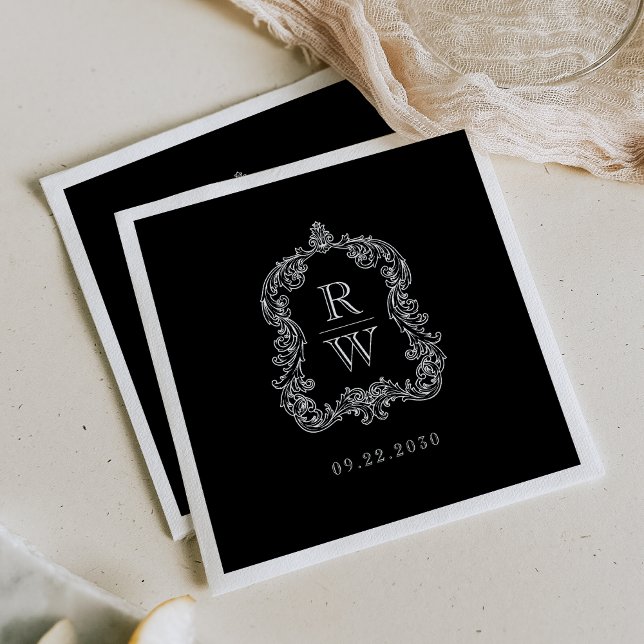 Elegant Vintage Monogram Crest Black White Wedding Napkin (Creator Uploaded)