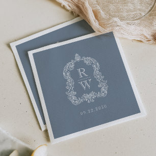 Elegant Vintage Monogram Crest Dusty Blue Wedding Napkin