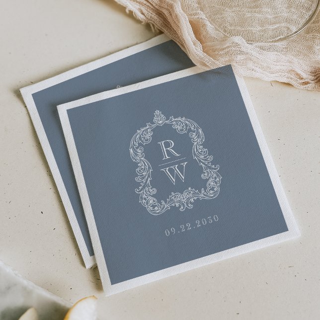 Elegant Vintage Monogram Crest Dusty Blue Wedding Napkin (Creator Uploaded)