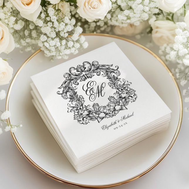 Elegant Vintage Monogram Crest Script Wedding Napkin (Creator Uploaded)