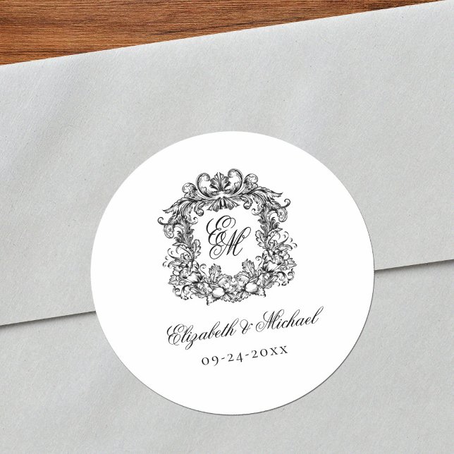 Elegant Vintage Monogram Crest Wedding Classic Round Sticker (Creator Uploaded)