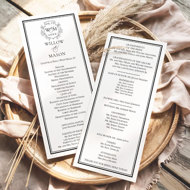 Elegant Vintage Monogram Crest Wedding Programme (Elegant Vintage Monogram Crest Wedding Program Front and Back Shown)