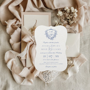 Elegant Vintage Monogram Dusty Blue Wedding Invitation