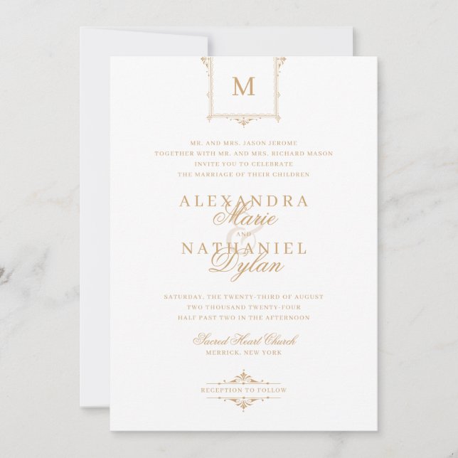 Elegant Vintage Monogram Gold and White Wedding Invitation (Front)