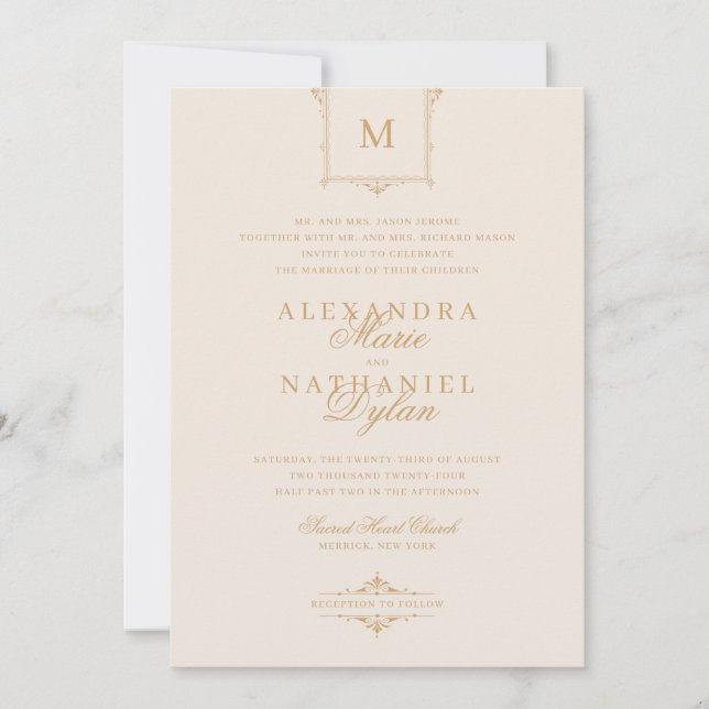 Elegant Vintage Monogram Gold and White Wedding Invitation (Front)