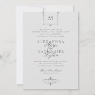 Elegant Vintage Monogram Grey and Black Wedding Invitation