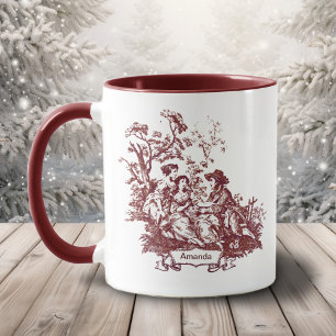 Elegant vintage monogram red toile de jouy  mug