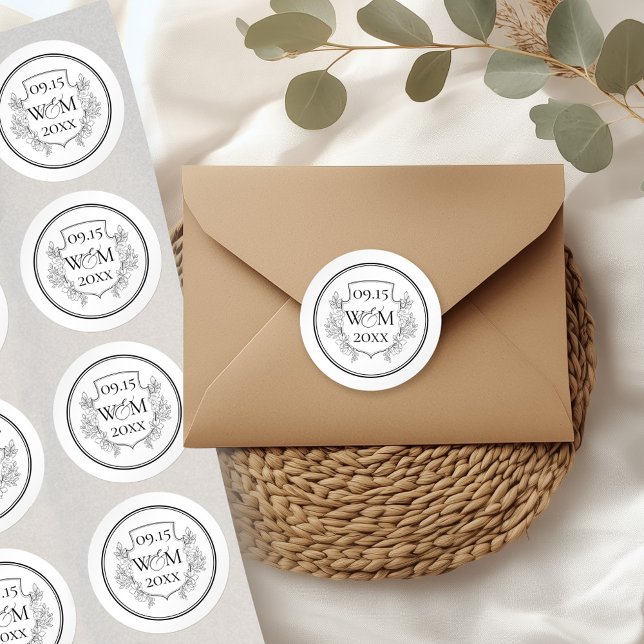 Elegant Vintage Monogram Wedding Classic Round Sticker (Elegant Vintage Monogram Wedding Classic Round Stickers)